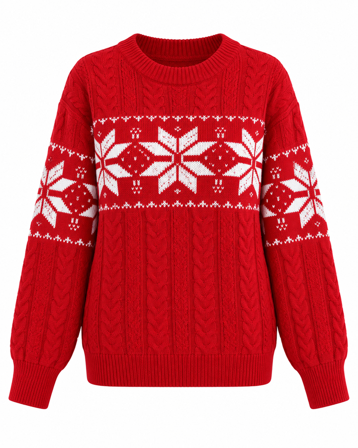 Front view of round neckline, cable-knit bodice, snowflake pattern and ribbed hem, red