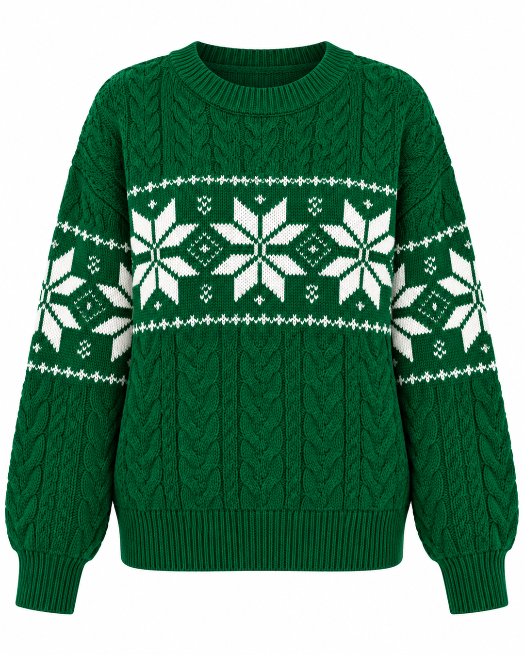 Front view of round neckline, cable-knit bodice, snowflake pattern and ribbed hem, green