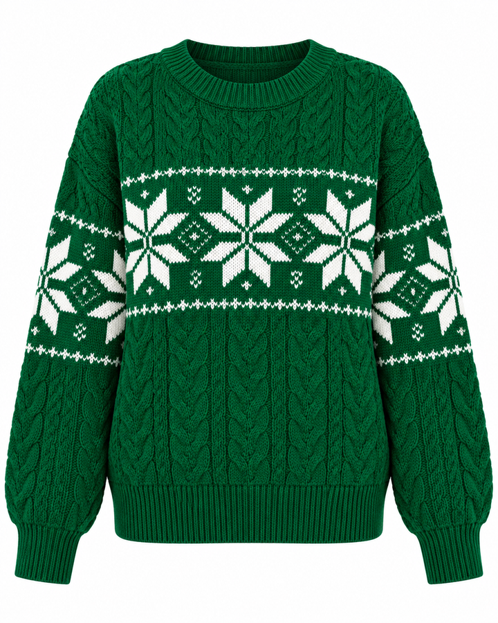 Front view of round neckline, cable-knit bodice, snowflake pattern and ribbed hem, green