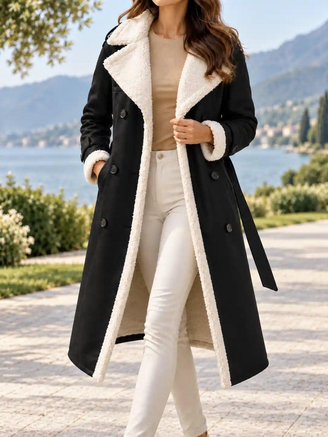 Mammoth | Women’s Double-Breasted Belted Long Faux Suede Sherpa-Lined Trench Coat