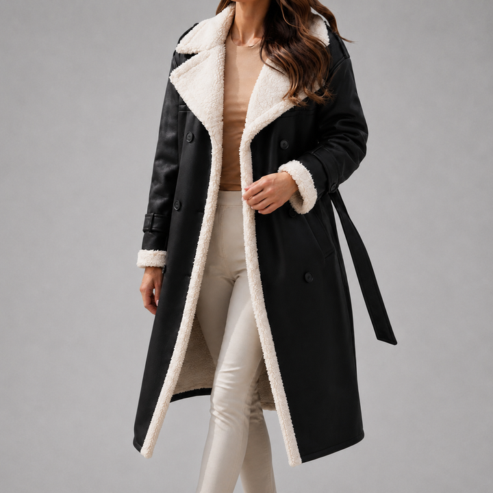 Mammoth | Women’s Double-Breasted Belted Long Faux Suede Sherpa-Lined Trench Coat
