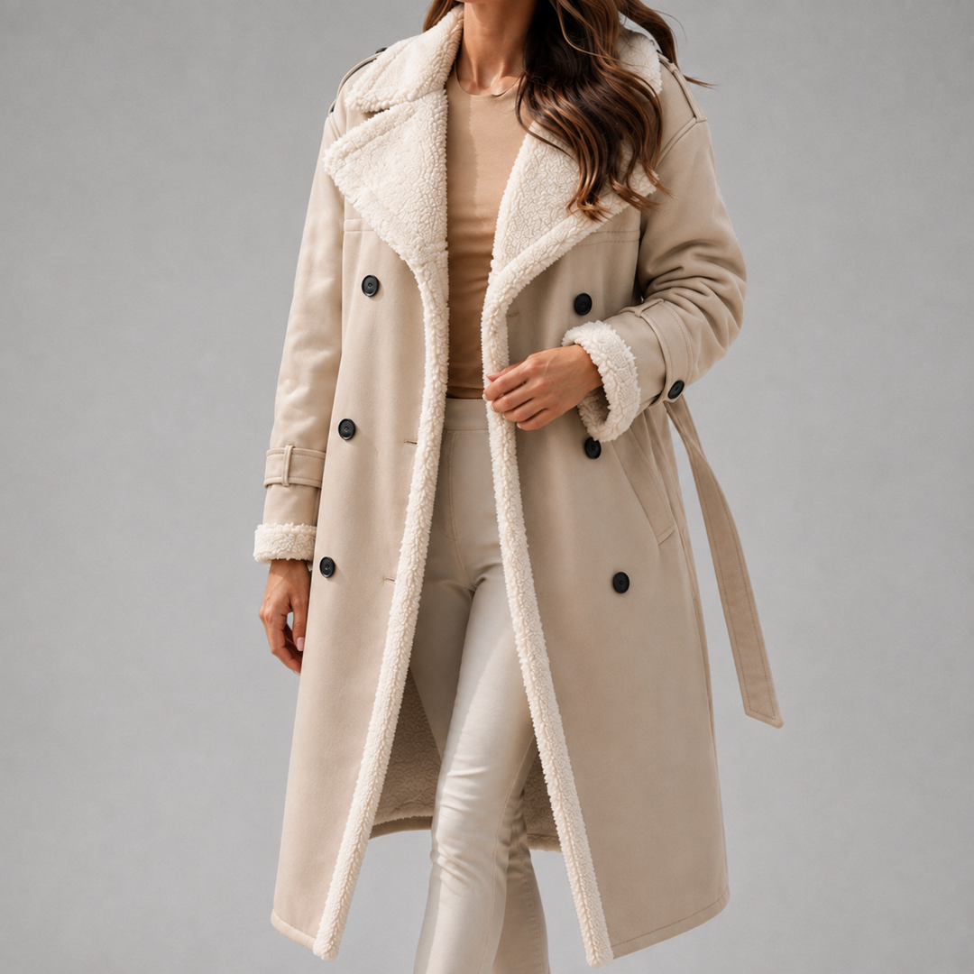 Mammoth | Women’s Double-Breasted Belted Long Faux Suede Sherpa-Lined Trench Coat