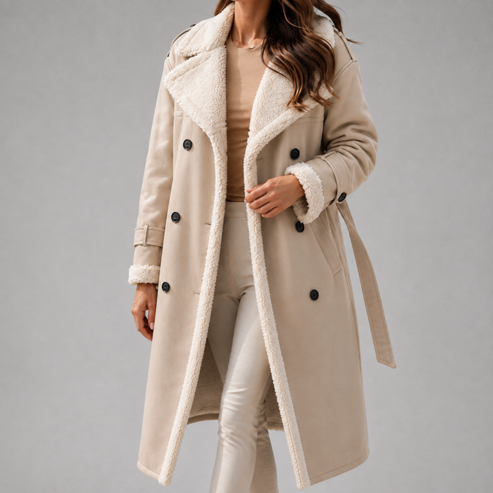 Mammoth | Women’s Double-Breasted Belted Long Faux Suede Sherpa-Lined Trench Coat