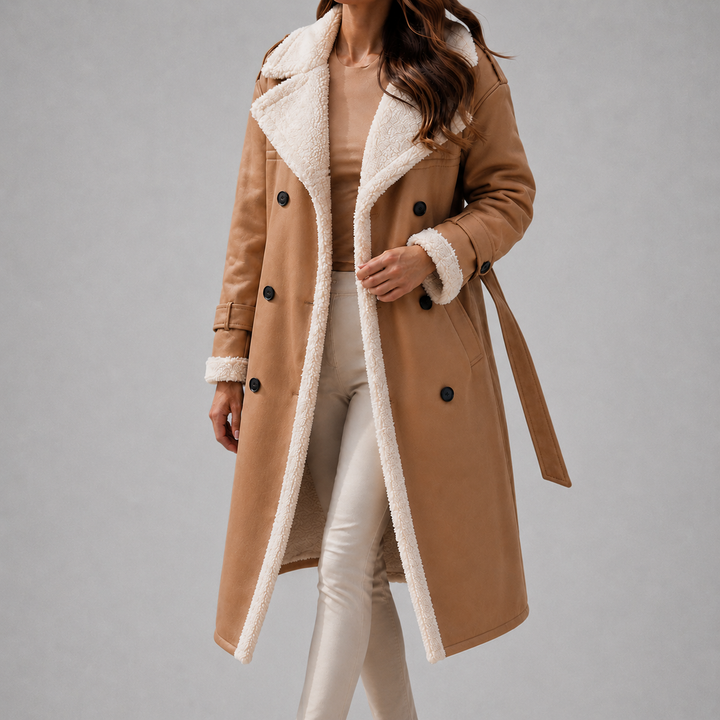 Mammoth | Women’s Double-Breasted Belted Long Faux Suede Sherpa-Lined Trench Coat