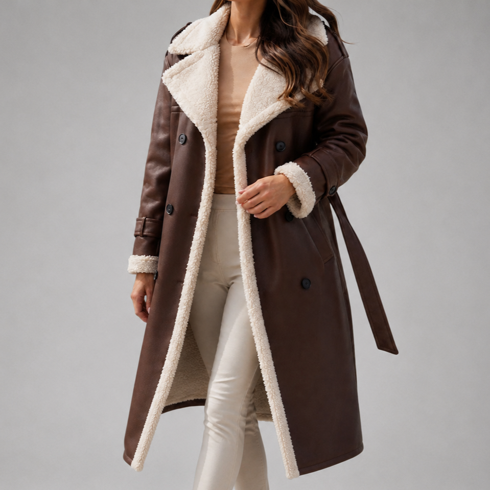 Mammoth | Women’s Double-Breasted Belted Long Faux Suede Sherpa-Lined Trench Coat