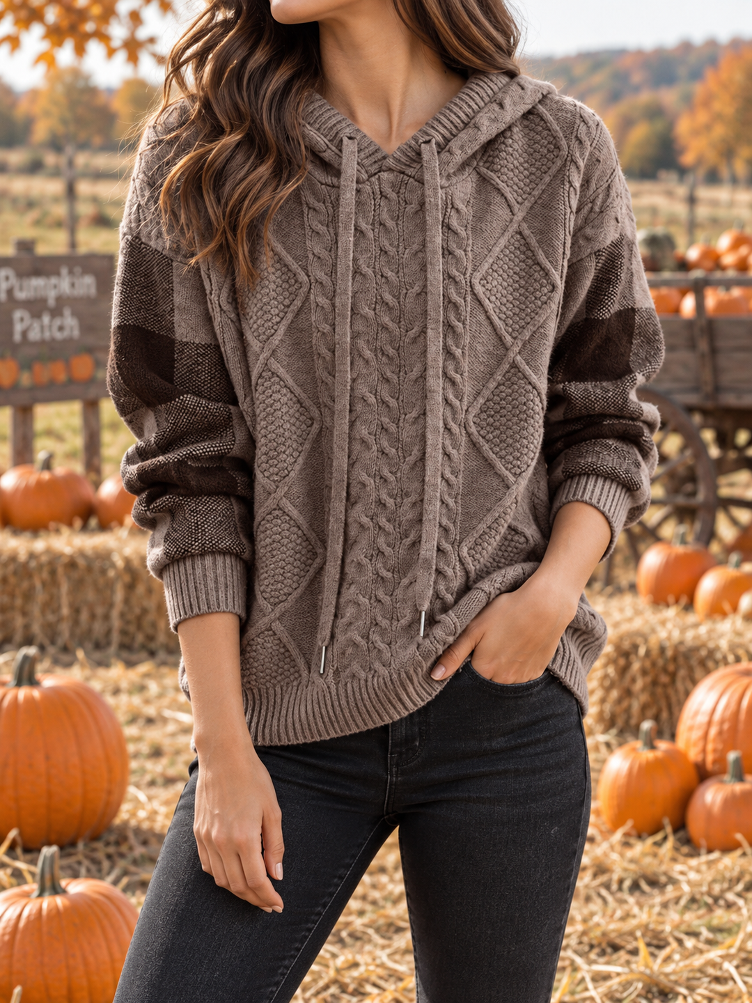 Morro | Women’s Drawstring Hood Check Sleeve Cable Knit Sweater