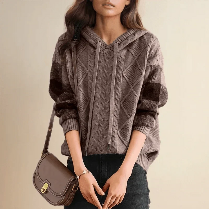 Morro | Women’s Drawstring Hood Check Sleeve Cable Knit Sweater