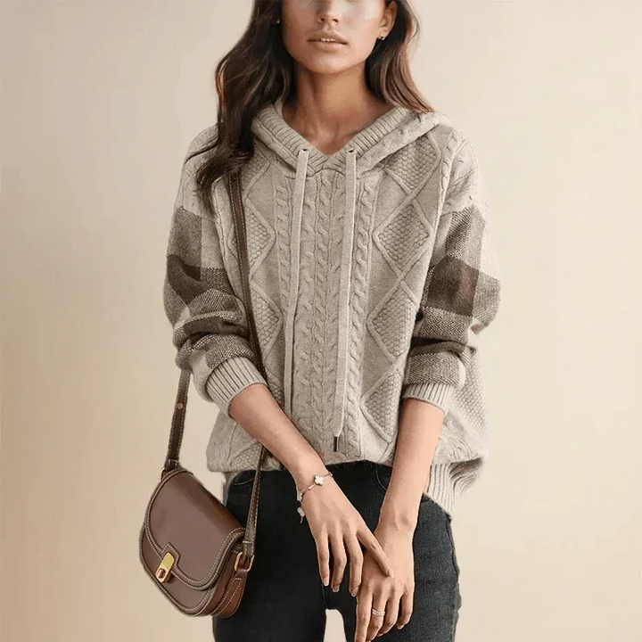 Morro | Women’s Drawstring Hood Check Sleeve Cable Knit Sweater