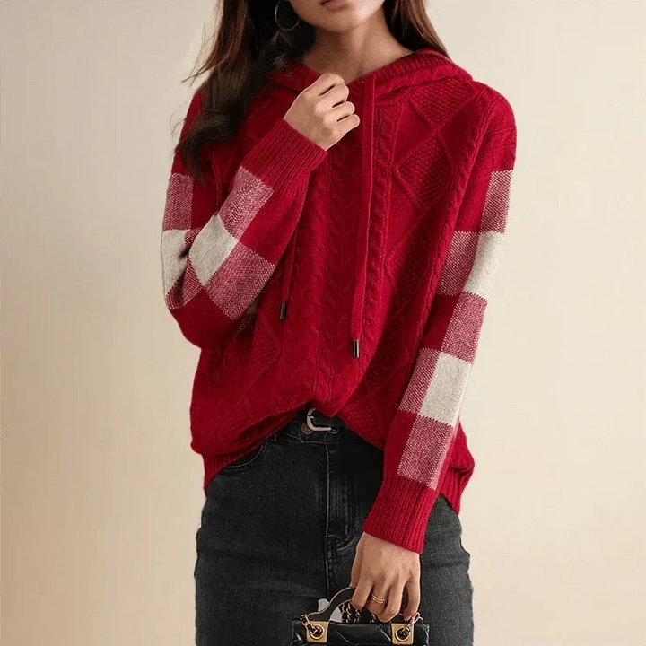 Morro | Women’s Drawstring Hood Check Sleeve Cable Knit Sweater
