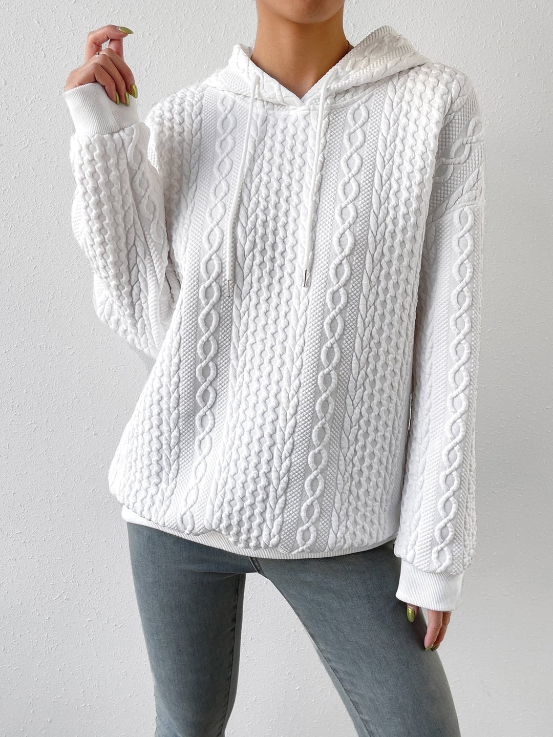 Avila | Women’s Drawstring Hood Long Sleeve Cable Knit Sweater