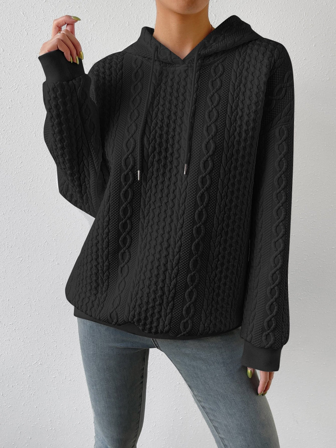 Avila | Women’s Drawstring Hood Long Sleeve Cable Knit Sweater