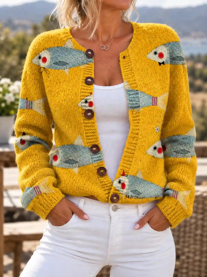 Alta | Women’s Fish Print Button Front Ribbed Cuff Cardigan
