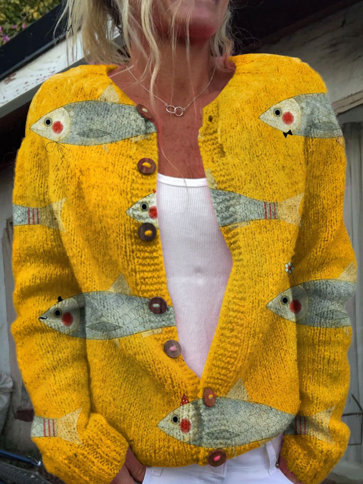 Alta | Women’s Fish Print Button Front Ribbed Cuff Cardigan