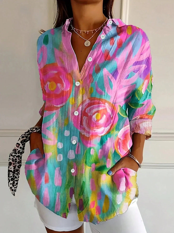 Front view showing shirt collar, button placket and side pockets, pink