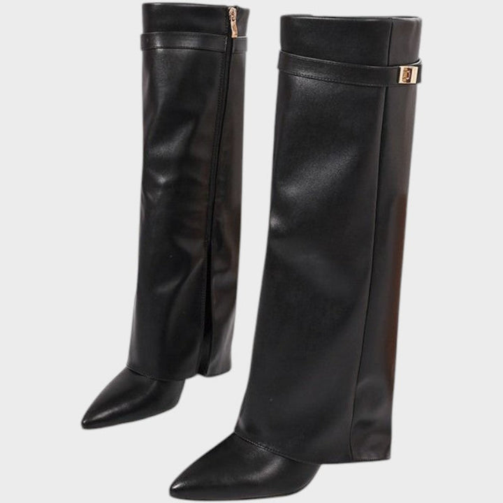 Front view of fold-over shafts, side zipper and pointed toes