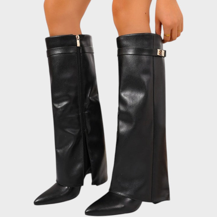Front view of fold-over shafts, side zipper, twist-lock closures and pointed toes