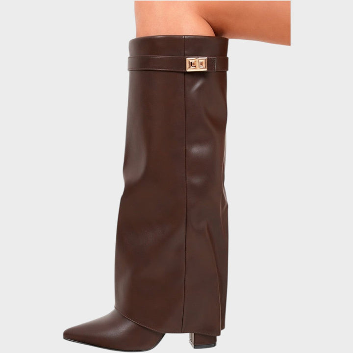 Front view of fold-over shaft, strap with twist-lock closure and wedge heel