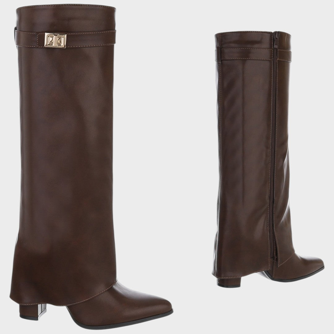 Front view of fold-over shaft, twist-lock closure, side zipper and pointed toe