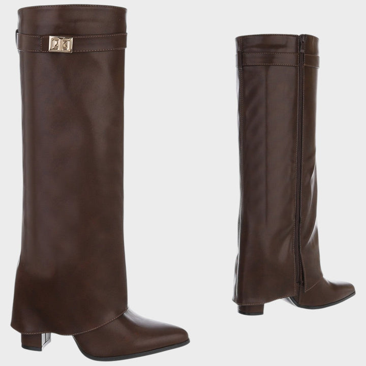 Front view of fold-over shaft, twist-lock closure, side zipper and pointed toe