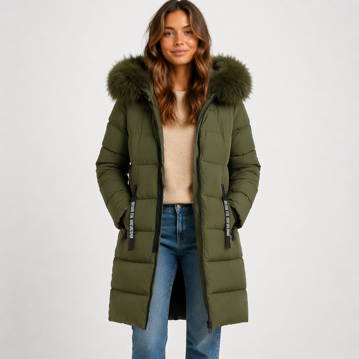 Front view of hooded parka with trimmed edge, full zipper front and side pockets, army green