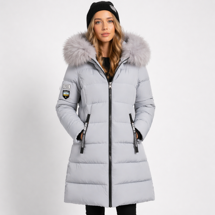 Front view of hooded parka with trimmed edge, full zipper front and side pockets, gray