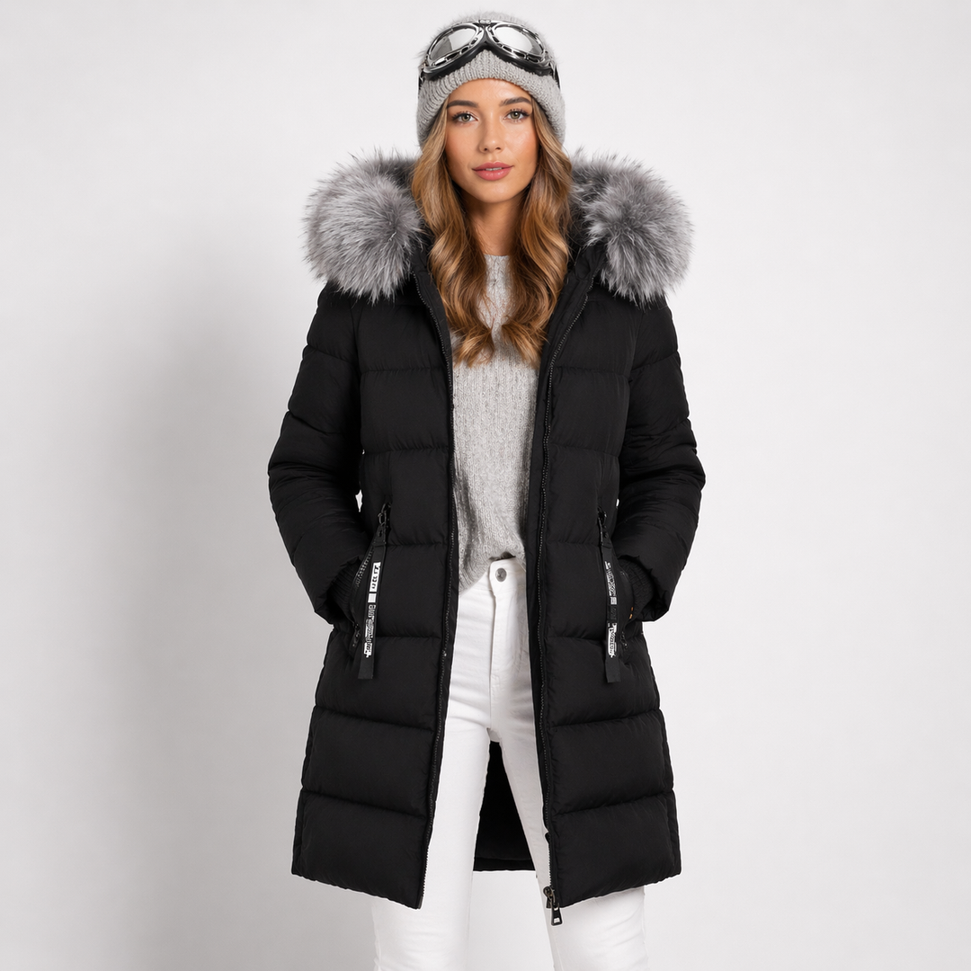 Front view of hooded parka with trimmed edge, zipper front and side pockets, black