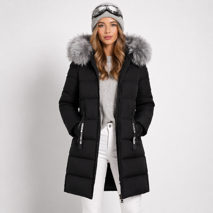 Front view of hooded parka with trimmed edge, zipper front and side pockets, black