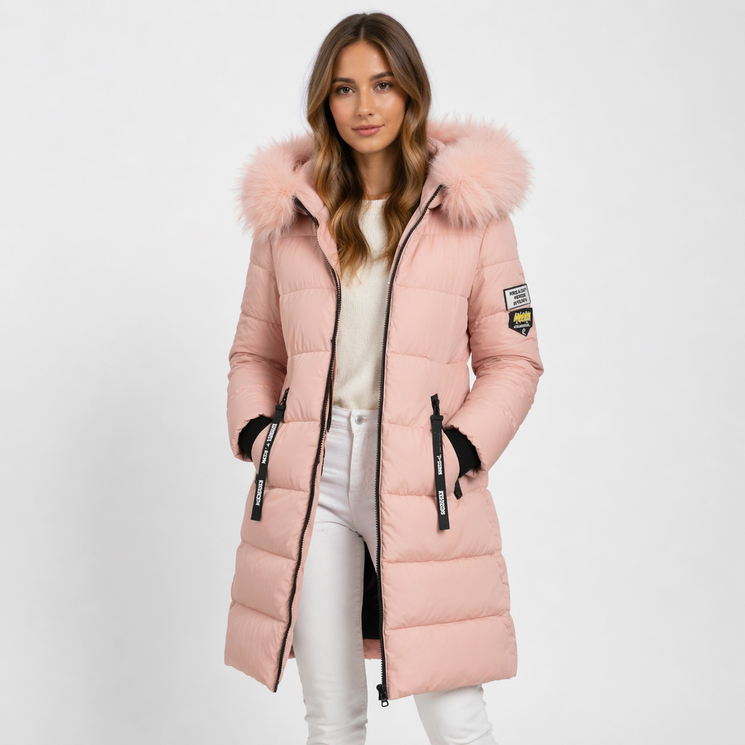 Front view of hooded parka with trimmed edge, full zipper front and side pockets, pink