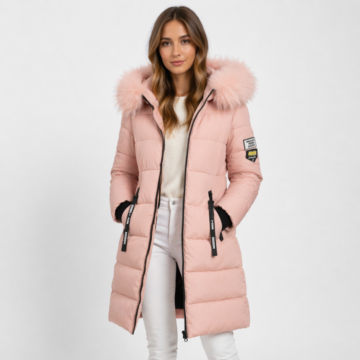 Front view of hooded parka with trimmed edge, full zipper front and side pockets, pink