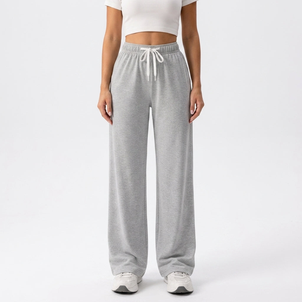 Front view showing drawstring waist and wide legs, gray