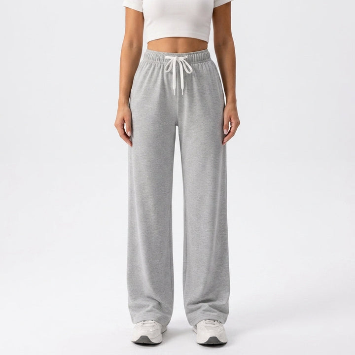 Front view showing drawstring waist and wide legs, gray