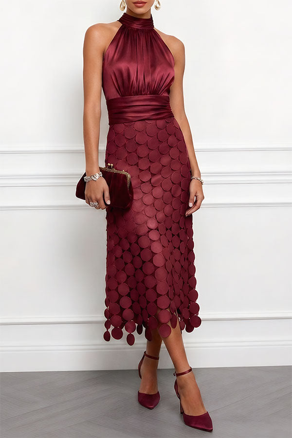 Front view showing ruched bodice, banded waist and scalloped hem, burgundy