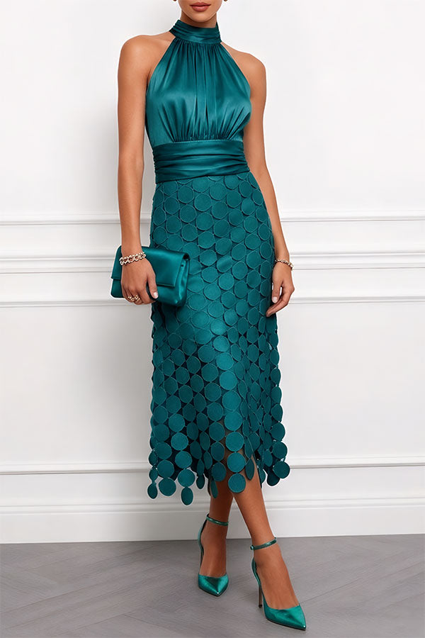 Front view showing halter neckline and circle cutout skirt, dark green