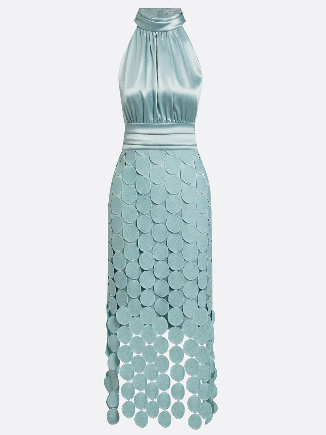 Front view showing halter neckline, ruched bodice and scalloped asymmetrical hem