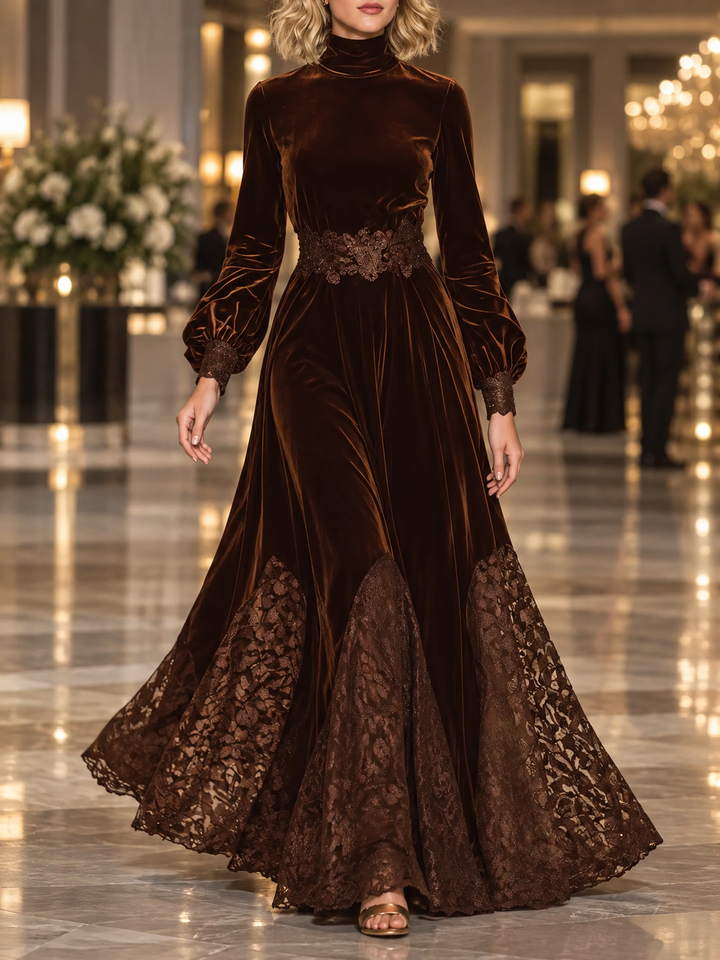 Encinitas | Women’s High Neck Lace Panel Long Sleeve Maxi Dress