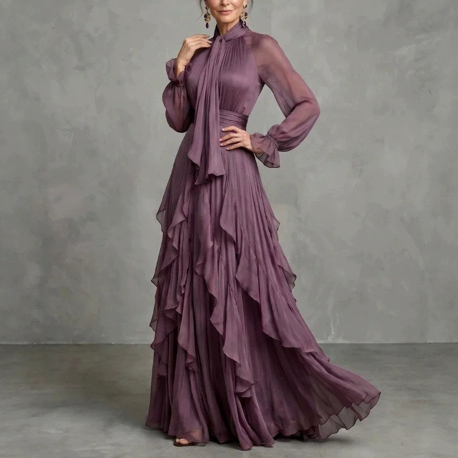 Front view of banded waist and cascading ruffle layers