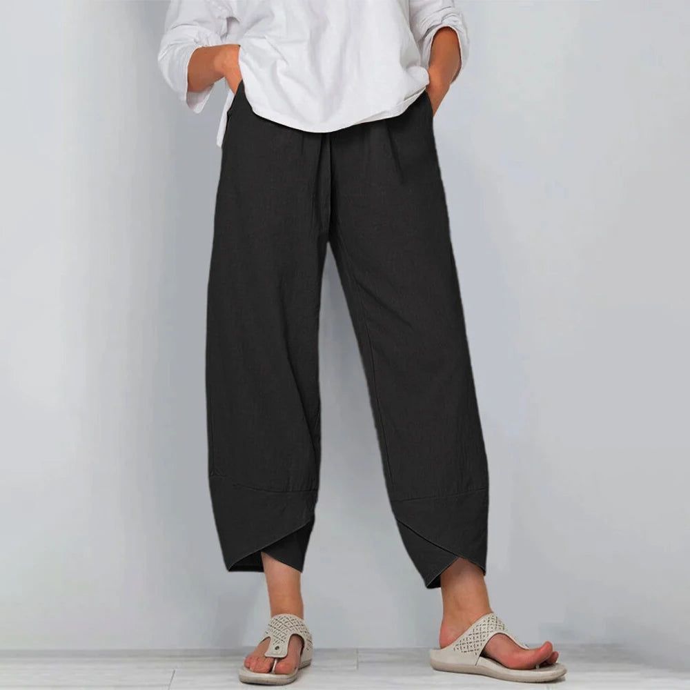 Front view of banded waist and wide legs, black