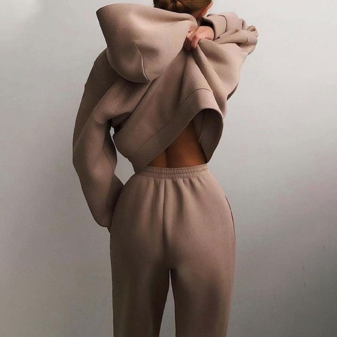 Back view showing hood, dropped shoulder seams and banded pant waist