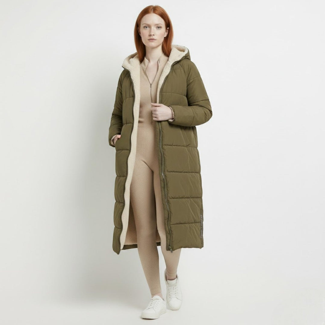 Front view of the puffer coat, green