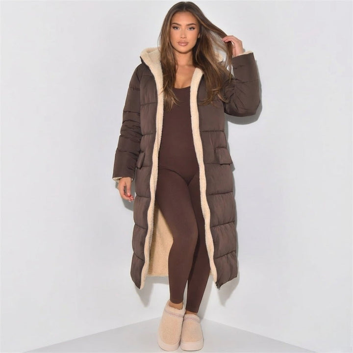 Front view of the puffer coat, brown
