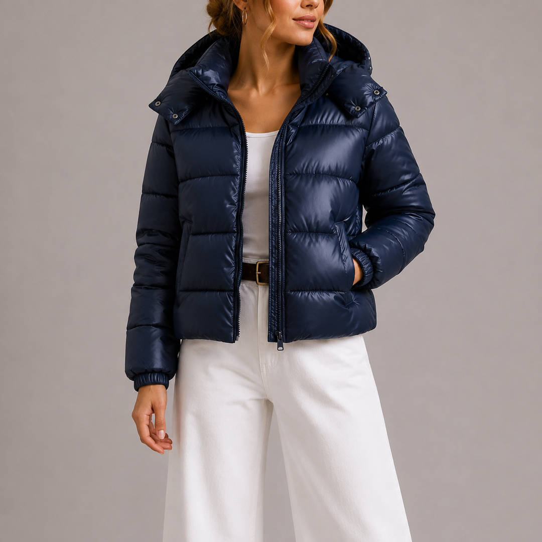 Front view showing the full zipper front, hood and side pockets