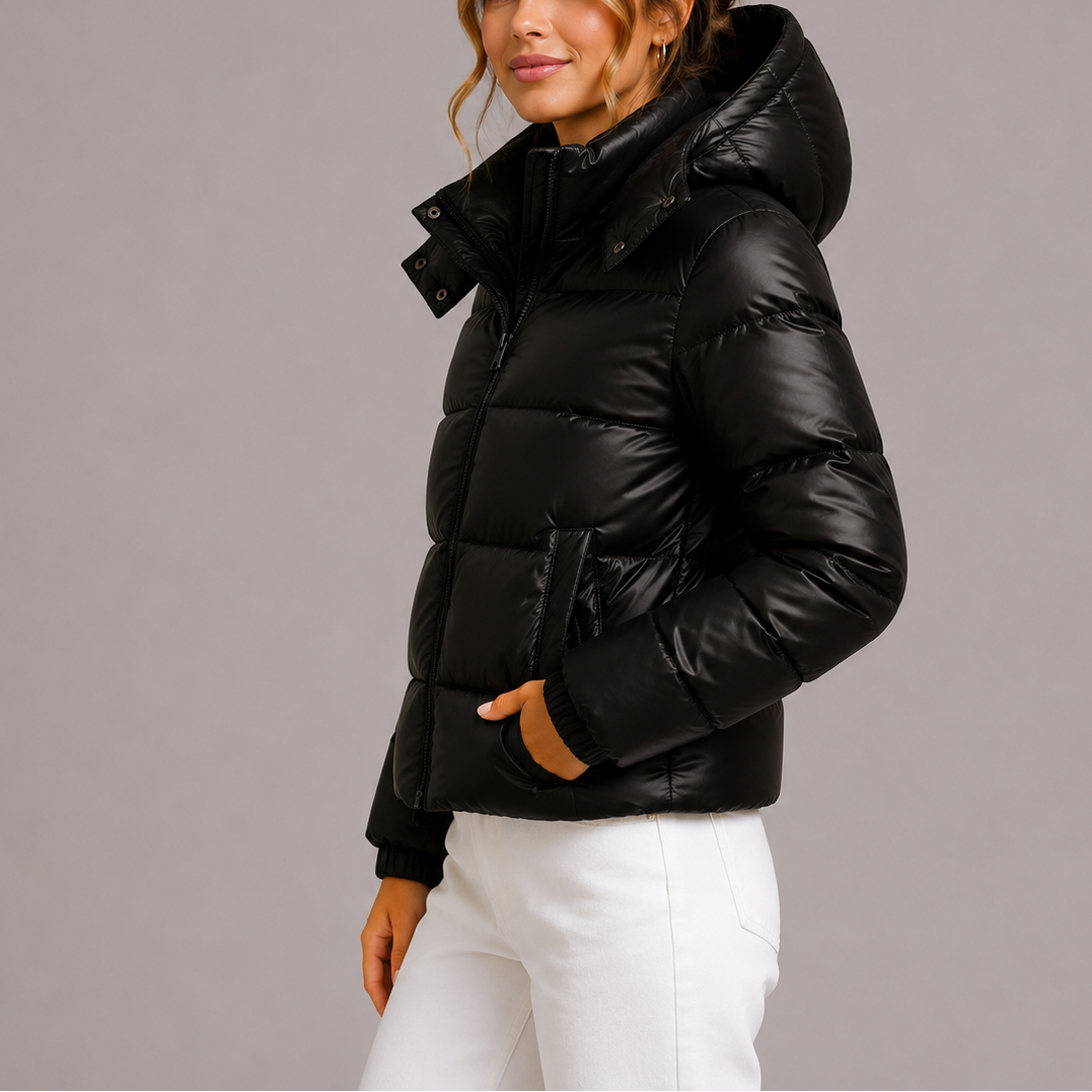 Side view showing the hood, stand collar and side pocket, black