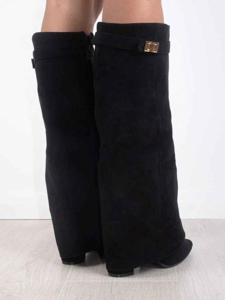 Back view of shaft backs, side zipper and block heels