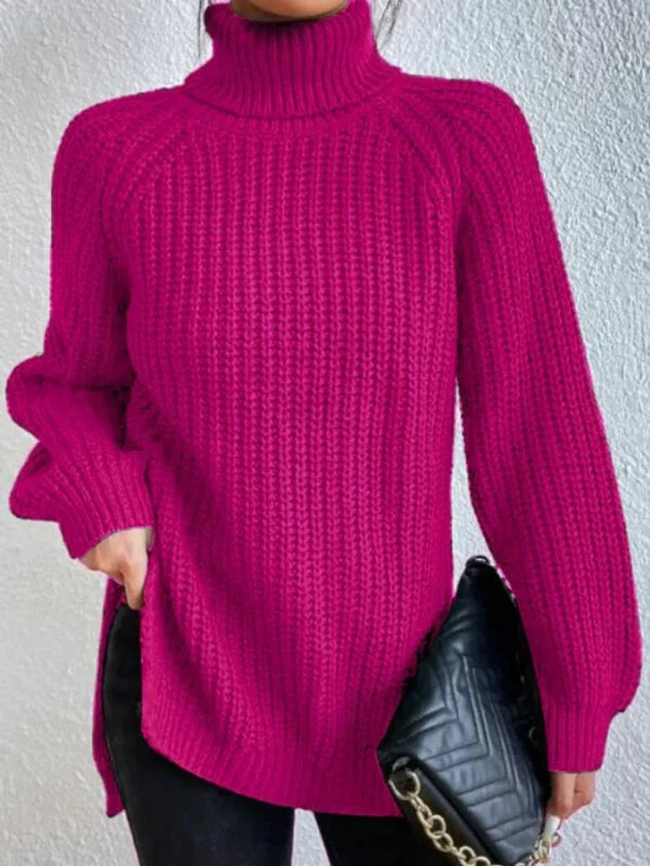 Front view of turtleneck sweater showing raglan sleeves, pink
