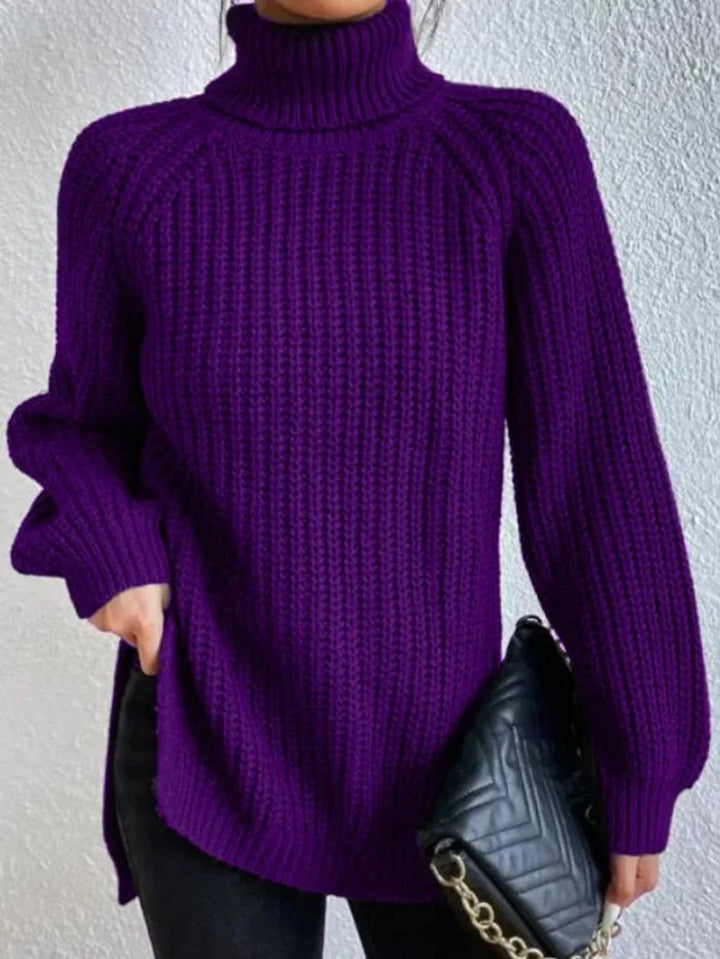 Front view of turtleneck sweater showing side slit, purple