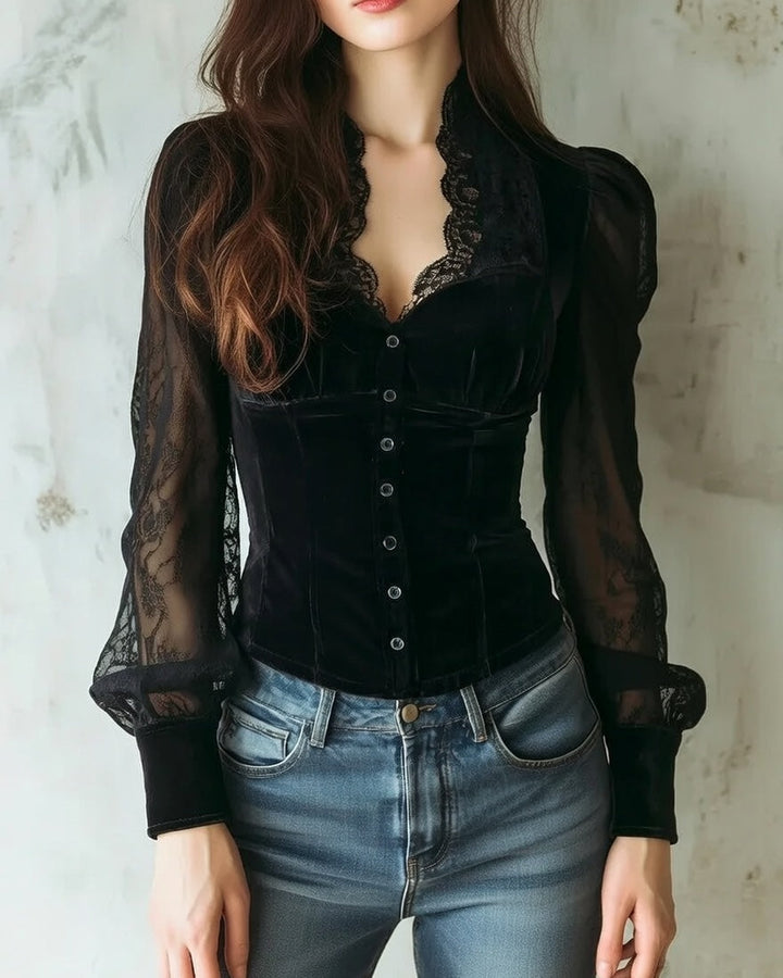 Front view of blouse with v-neckline, button placket and lace sleeves, black