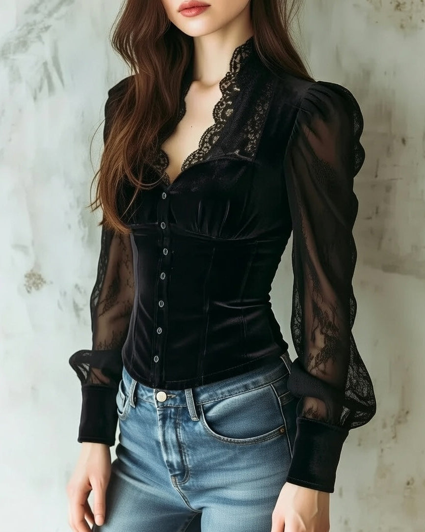 Side view showing stand collar, lace sleeve and banded cuff