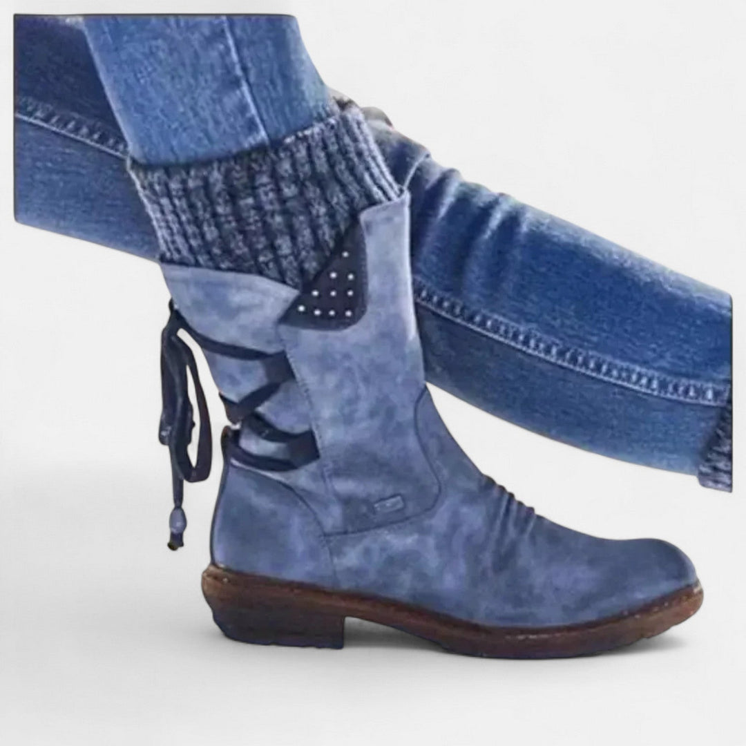 Side view showing ribbed cuff, studded panel and lace-up detailing, blue