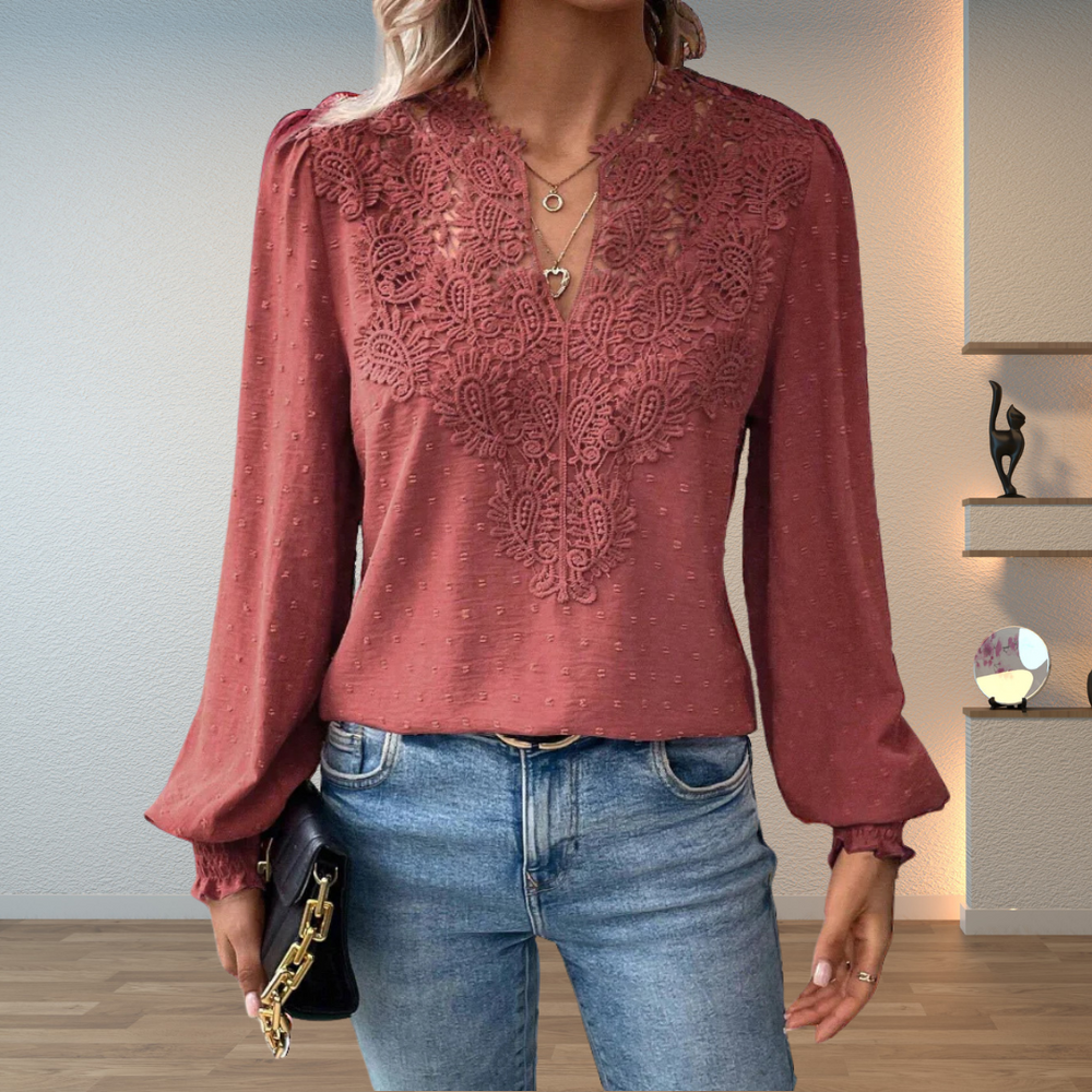 Front view with v-neckline, lace panel and ruffled cuffs, red