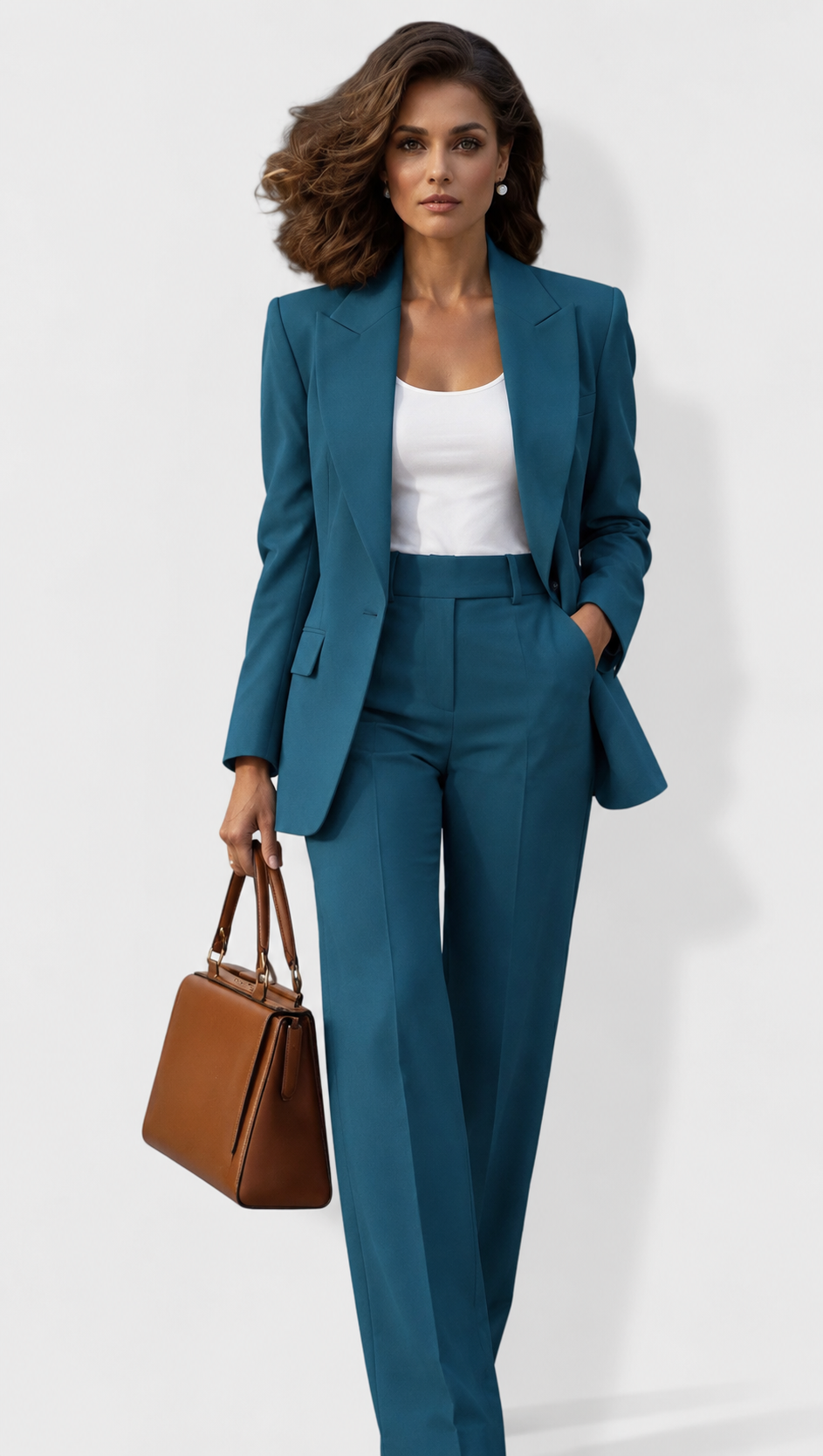 Front view of lapels, long sleeves and flap pockets with straight leg pants, blue green